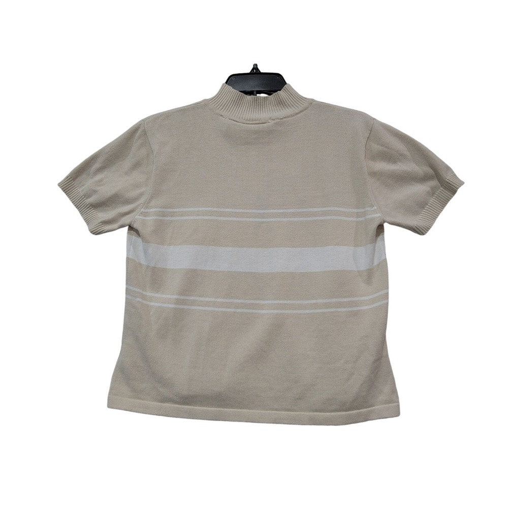 Liz Claiborne Lizsport Striped Mock Neck Blouse M Beige White Short Sleeve Knit